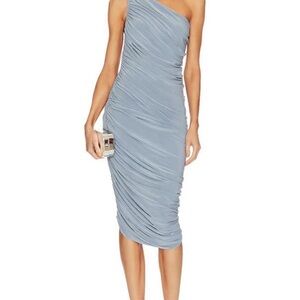 Norma Kamali One-Shoulder Ruched Midi Dress in Dusty Blue